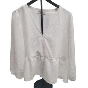 LOFT White Textured Peplum V Neck Long Sleeve Blouse Top‎ Womens Size L